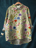 Women’s Floral Art Print Casual Cotton And Linen Shirt Multicolor / 4Xl