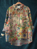 Women’s Retro Flower Art Print Casual Cotton And Linen Shirt Multicolor / 2Xl