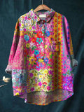 Women’s Flower Art Print Casual Cotton And Linen Shirt Multicolor / Xl