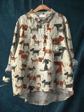 Women’s Kid Drawing Art Dog Print Casual Cotton And Linen Shirt Multicolor / 3Xl