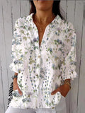 Women’s Blue Green Watercolor Elegant Small Flower Floral Print Casual Linen V-Neck Shirt