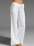 Cotton Linen Solid Color High Waist Wide Leg Pants White / S