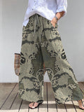 Retro Floral Vine Plant Pattern Elegant Cotton Linen Wide Leg Pants