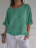 Women’s Solid Color Round Neck Loose Casual Shirt Green / S