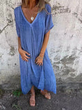 Women’s Solid Color V-Neck Linen Dress Royal Blue / S