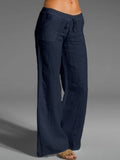 Cotton Linen Solid Color High Waist Wide Leg Pants Dark Blue / S