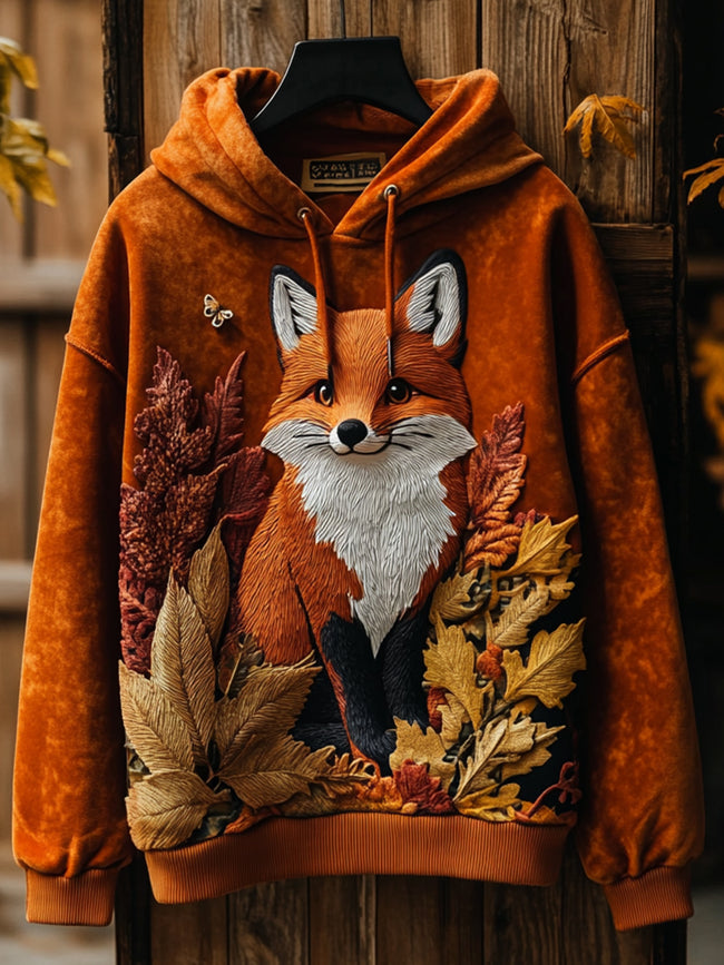 Maple Leaf Fox Print Long Sleeve Hoodie