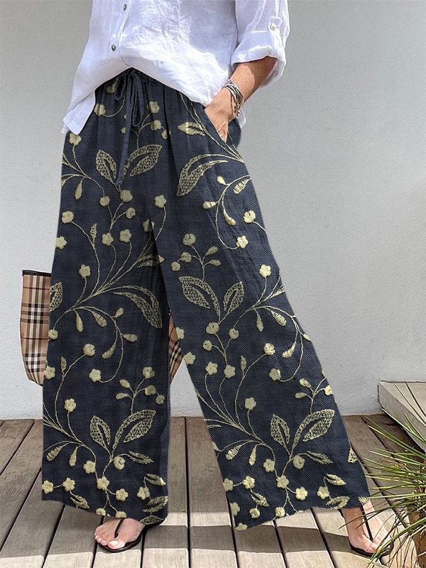 Women'S Elegant Floral Vines Print Cotton Linen Wide Leg Pants