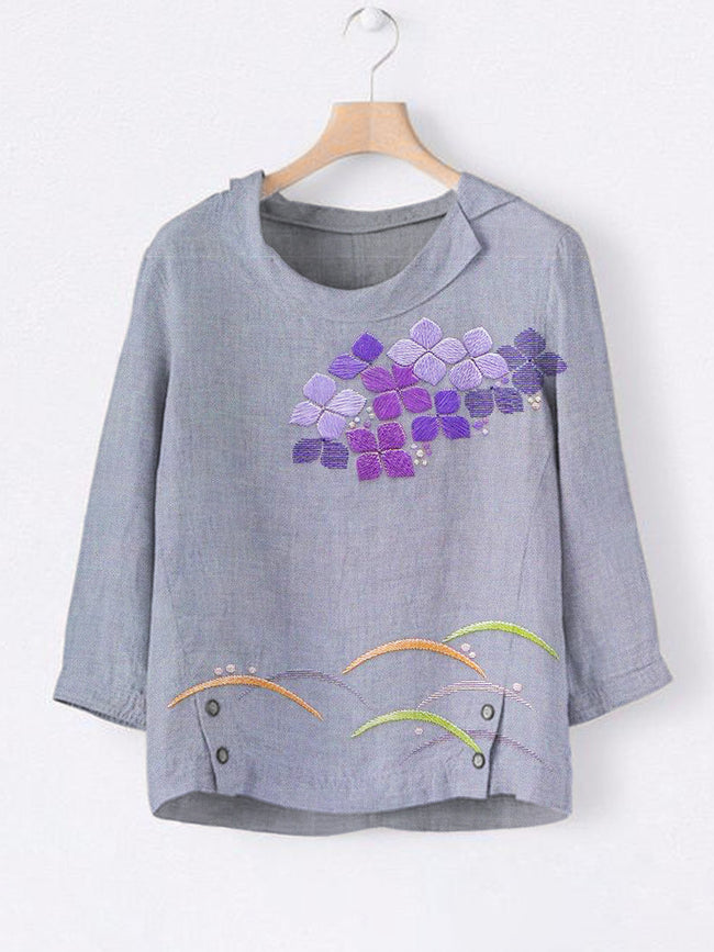 Japanese Botanical Flower Embroidery Pattern Women's Linen Lapel Top