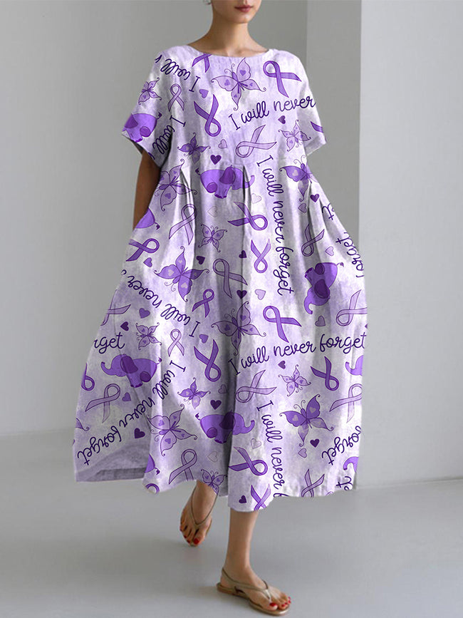 Purple Ribbon Elephant Print Linen Blend Dress