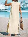 Cotton Linen Sleeveless Solid Color Amazon Single Breasted Loose V Neck Long Dress