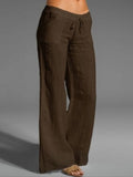 Cotton Linen Solid Color High Waist Wide Leg Pants Coffee / S