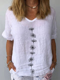 Women’s Daisy Print Cotton Linen V-Neck Top White / S