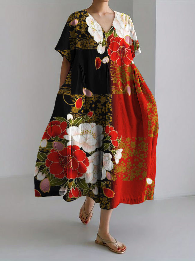 Floral Japanese Contrast Art Linen Blend Maxi Dress