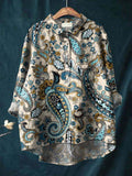 Women'S Vintage Ethnic Floral Art Print Casual Cotton And Linen Shirt