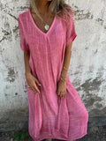 Women’s Solid Color V-Neck Linen Dress Pink / S