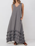 Women’s Linen V-Neck Long Dress Grey / S