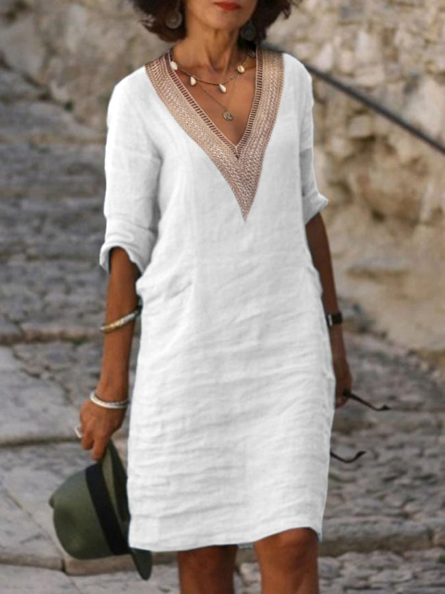 Women’s V-Neck Hollow Casual Dress White / 3Xl