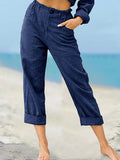 Women’s Solid Color Fashion Loose High Waist Casual Cotton Linen Trousers Dark Blue / S