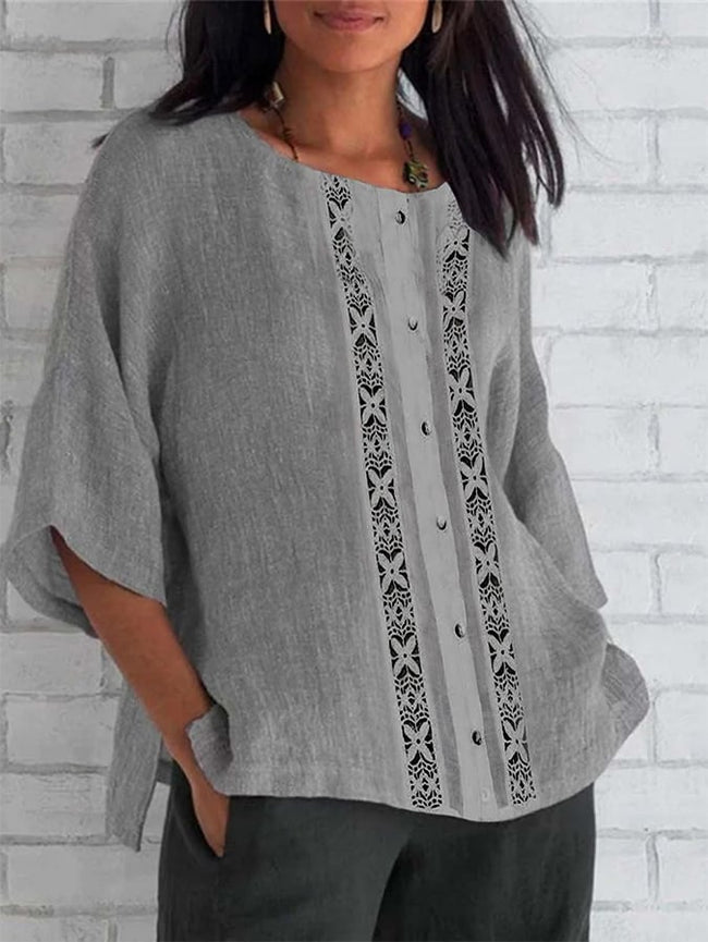 Lace Design Loose Casual Shirt Grey / S