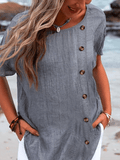 Women's Solid Color Round Neck Button-Down Design Loose Casual Shirt