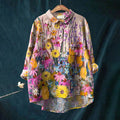 Vintage Flower Art Painting Casual Cotton And Linen Shirt