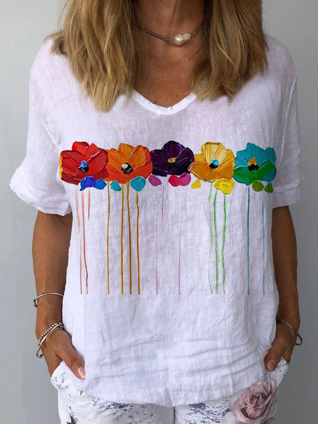 Women’s Oil Painting Floral Print Cotton T-Shirt White / S