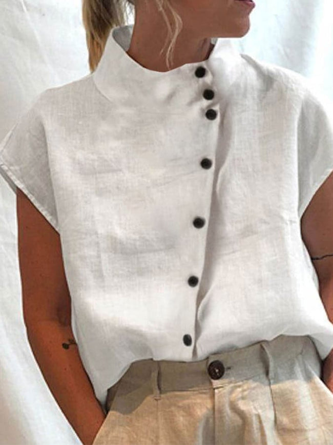 Women’s Cotton Linen Stand Collar Casual Shirt White / S