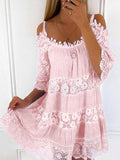 Casual Solid Color Loose Strapless Lace Dress Pink / S