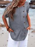 Women's Solid Color Round Neck Button-Down Design Loose Casual Shirt