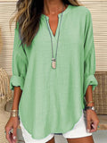 Women’s Cotton Long Sleeve Round Neck Solid Color Loose Beach Shirt Green / S