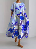 Women’s Retro Botanical Floral Design Printed Casual Loose Dress Blue / S