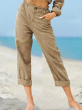 Women’s Solid Color Fashion Loose High Waist Casual Cotton Linen Trousers Khaki / S