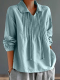 Women’s Cotton Lapel Ruffle Tie Long Sleeve Loose Matching Shirt Sky Blue / S