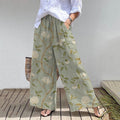 Elegant Flower Vine Art Print Cotton Linen Wide Leg Pants