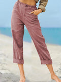 Women’s Solid Color Fashion Loose High Waist Casual Cotton Linen Trousers Pink / S