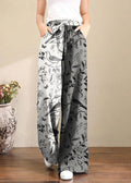 French Brown Geometry Elastic Waist Pockets Linen Wide Leg Pants Summer Black Bird/Ships 15 Days /