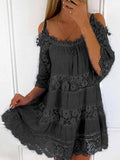 Casual Solid Color Loose Strapless Lace Dress Black / S