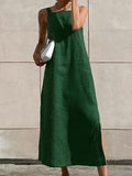 New French Long Skirt Cotton And Linen Sleeveless Dress Women’s Summer Sexy Green Slit Straight