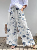 Elegant Vine Watercolor Art Print Stretch Cotton Linen Wide Leg Pants