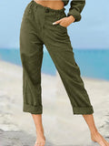 Women’s Solid Color Fashion Loose High Waist Casual Cotton Linen Trousers Dark Green / S