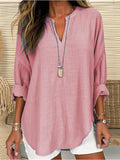 Women’s Cotton Long Sleeve Round Neck Solid Color Loose Beach Shirt Pink / S