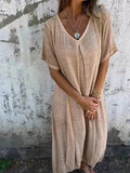 Women’s Solid Color V-Neck Linen Dress Apricot / S