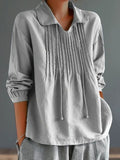 Women’s Cotton Lapel Ruffle Tie Long Sleeve Loose Matching Shirt Grey / S