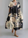 Japanese-Style Elegant Floral Print Linen Blend Maxi Dress