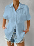 Shirt Collar Casual Buttoned Loose Blouse Blue / S(Us 6)