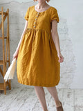 Women’s Linen Button Short Sleeve Dress Yellow / S