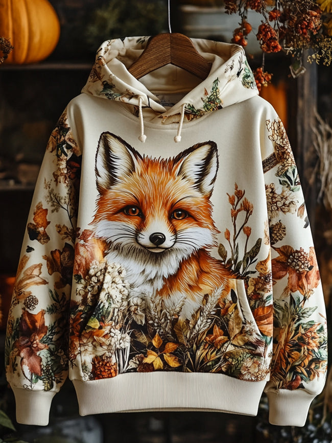 Maple Leaf Fox Print Long Sleeve Hoodie