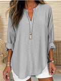 Women’s Cotton Long Sleeve Round Neck Solid Color Loose Beach Shirt Grey / S