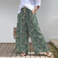 Elegant Vine Pattern Elastic Waist Pocket Cotton Linen Wide Leg Pants